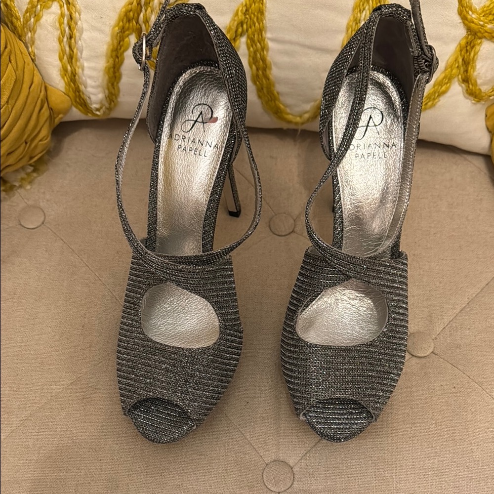 Adrianna Papell Silver Textured Heels with Ankle Strap
